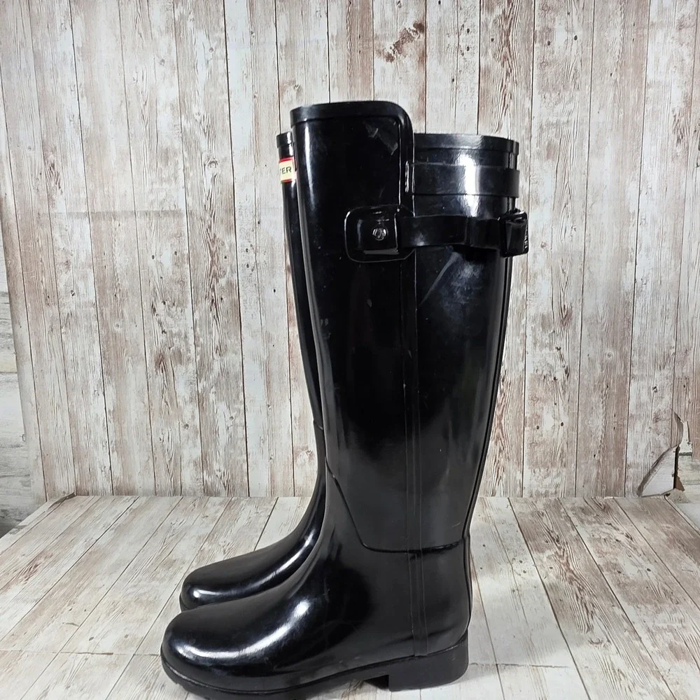 Hunter Original Refined Tall Rain Boots Black Glossy Waterproof Womens US 5